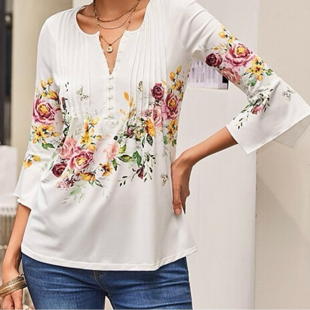 Beautiful SzL Blouse Floral Print White 3/4 Length Sleeve Round Neck Stretchy - Picture 8 of 13